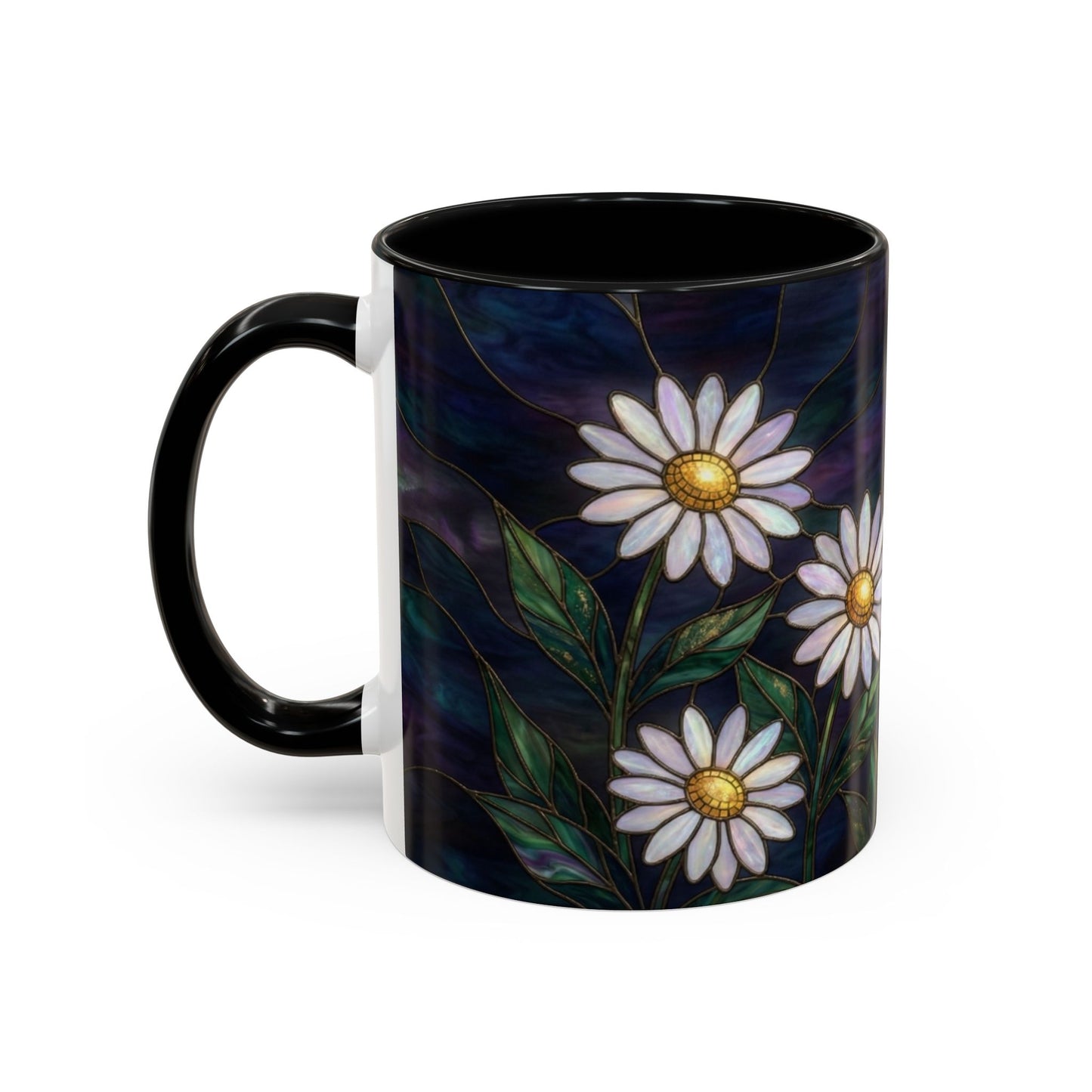 Daisy Stained Glass Accent Coffee Mug — White Daisies on Midnight (11/15oz) - 14535