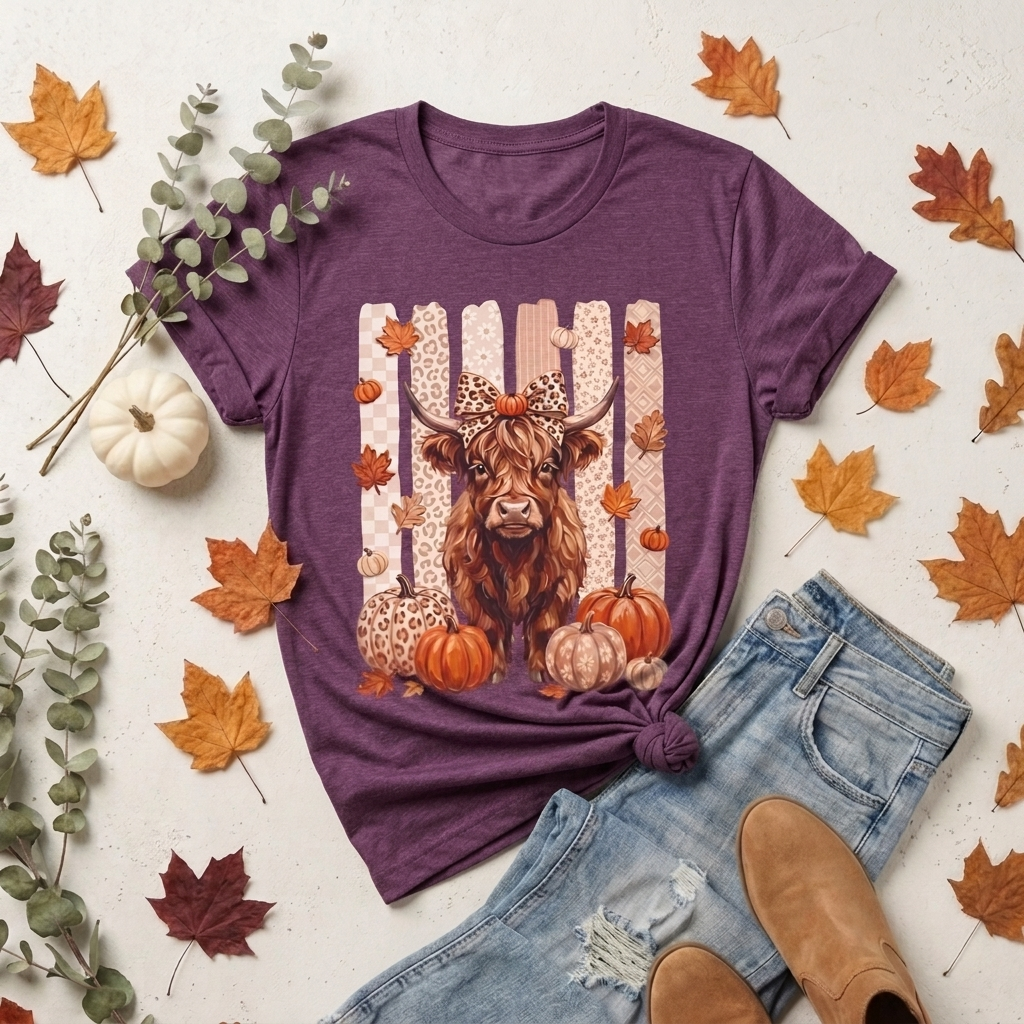 Highland Cow Autumn T-Shirt — Pumpkin & Leaves Fall Graphic Tee - 14942