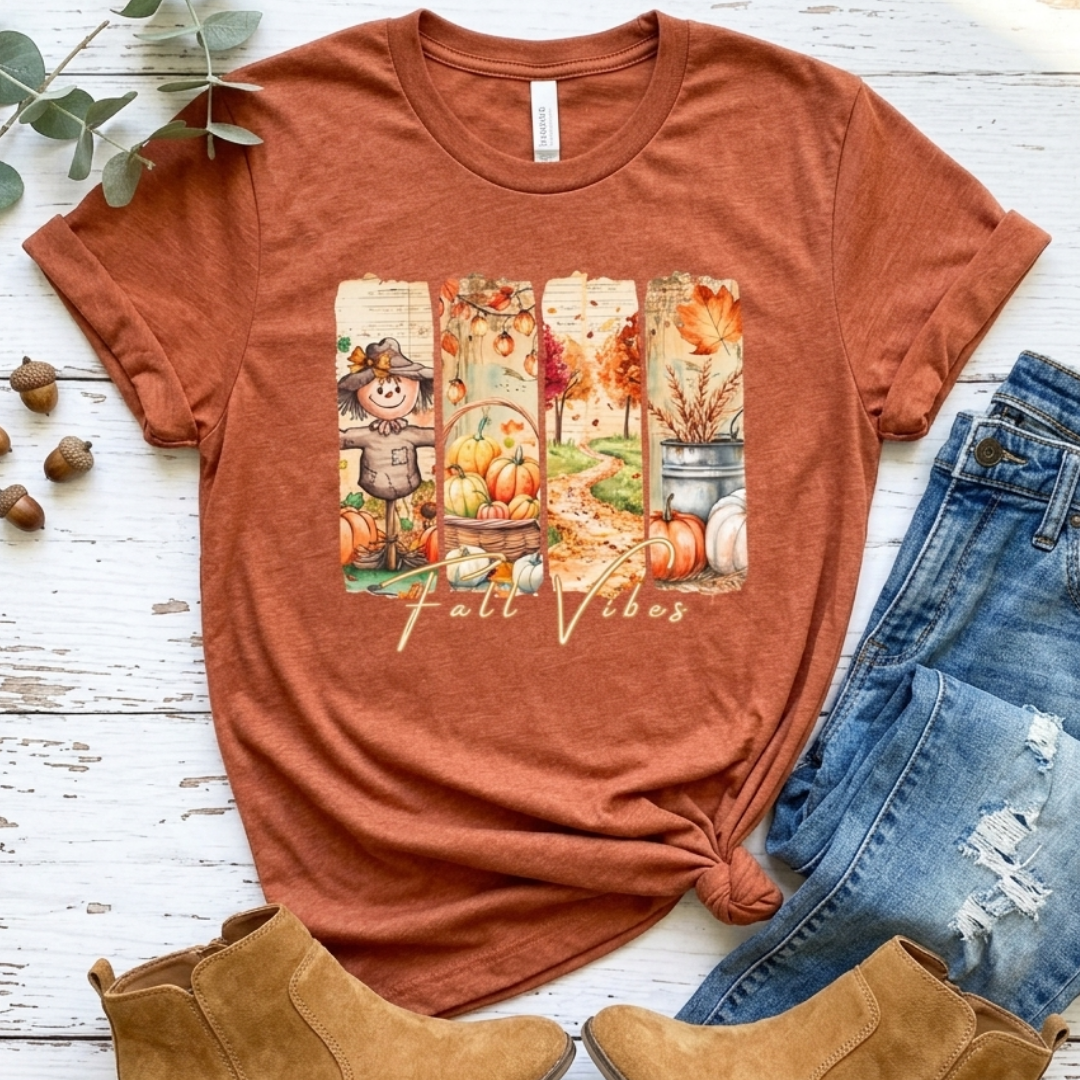 Fall Vibes T-Shirt, Autumn Pumpkin, Scarecrow & Harvest Graphic Tee - 14948