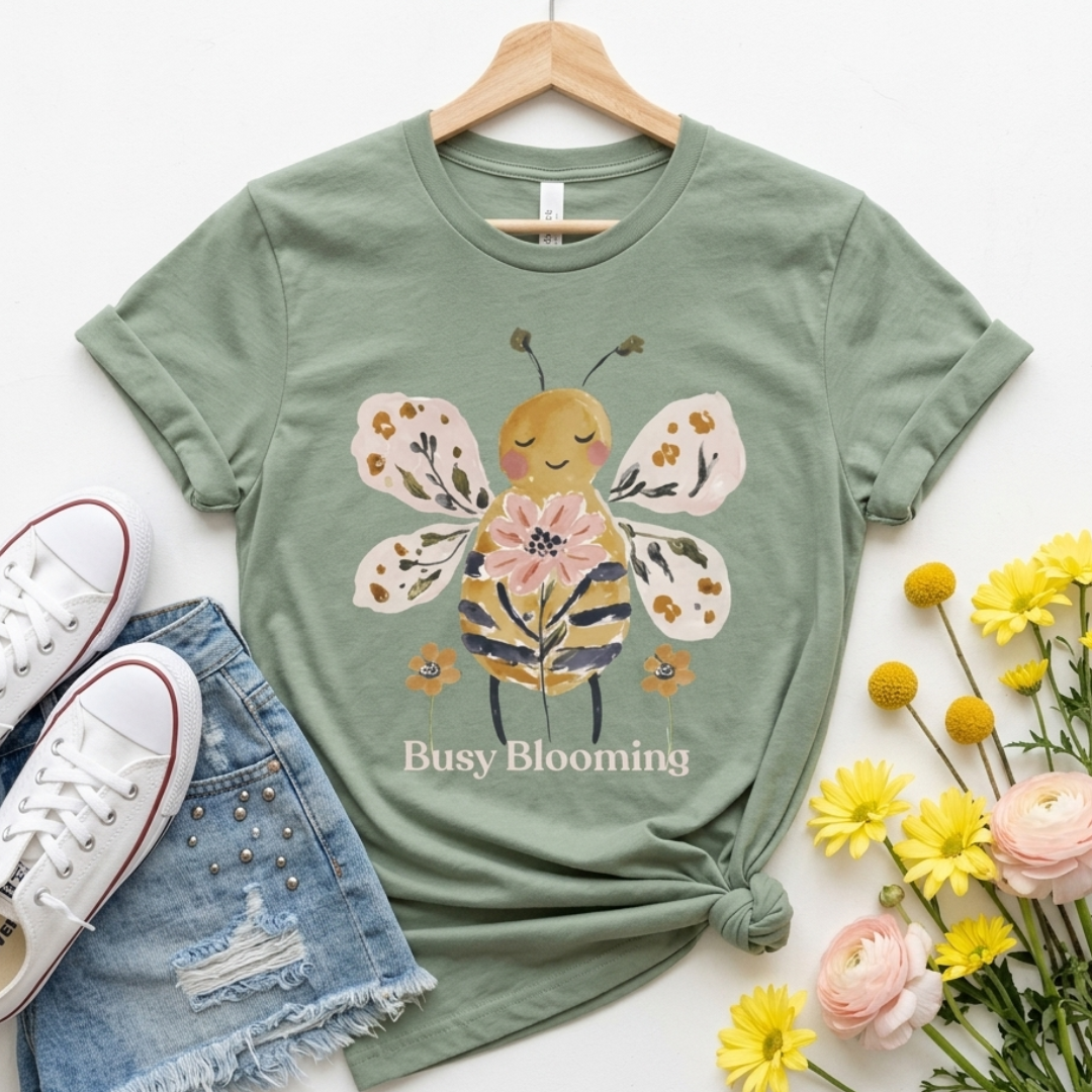 Busy Blooming Bee T-Shirt, Cute Watercolor Floral Bee Tee - 14960