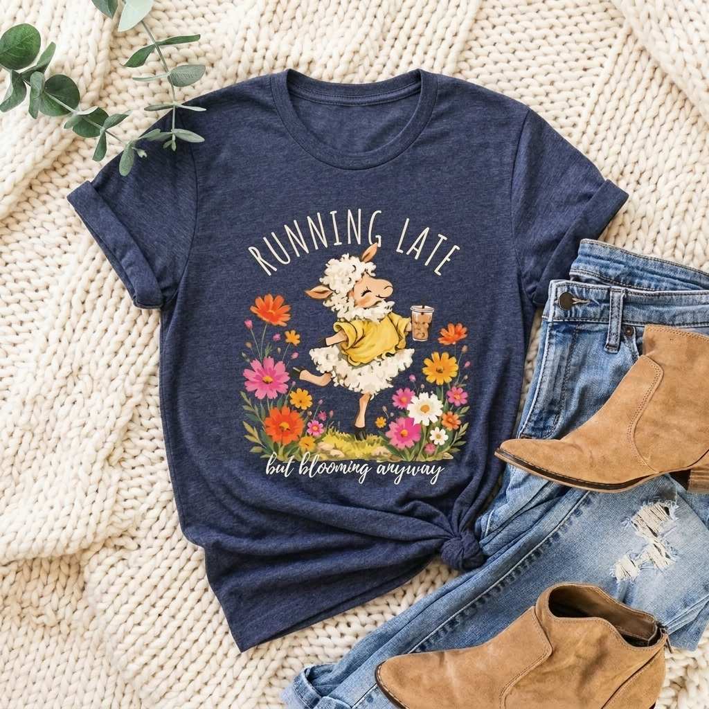 Running Late But Blooming Anyway T-Shirt, Cute Floral Lamb Graphic Tee - 14941