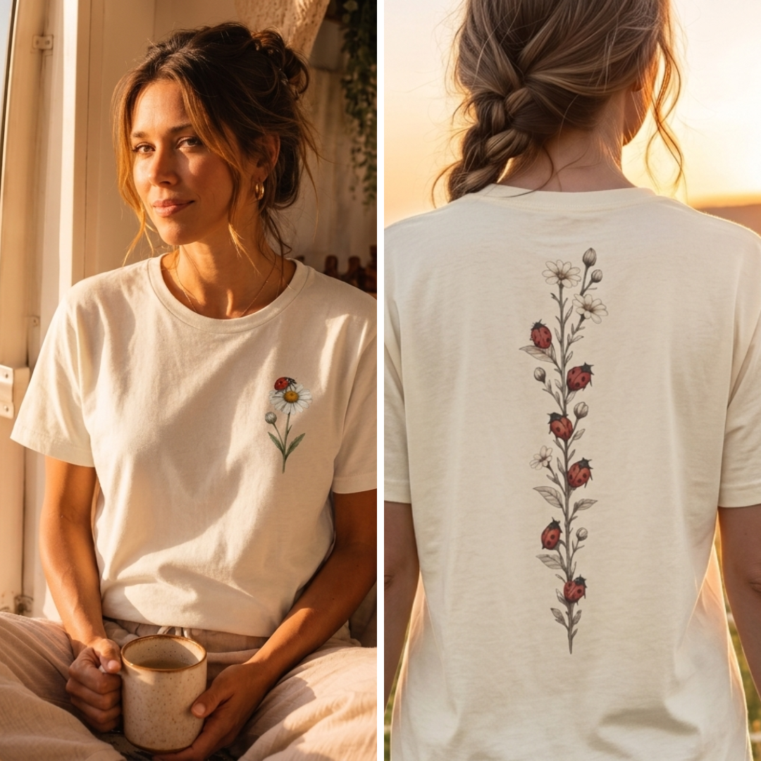 Daisy & Ladybug Floral T-Shirt, Minimal Wildflower Pocket Graphic Tee - 14963