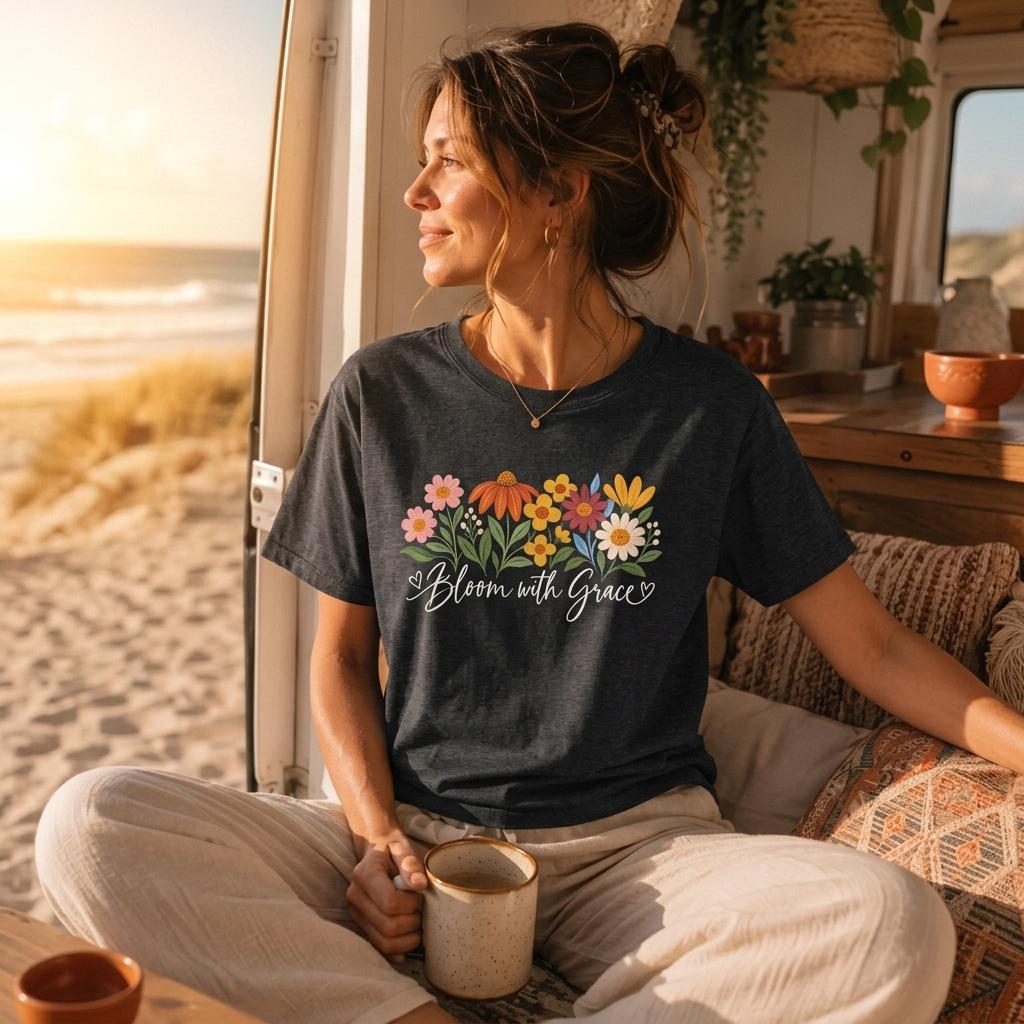 Bloom With Grace Floral T-Shirt, Women’s Inspirational Flower Tee - 14983