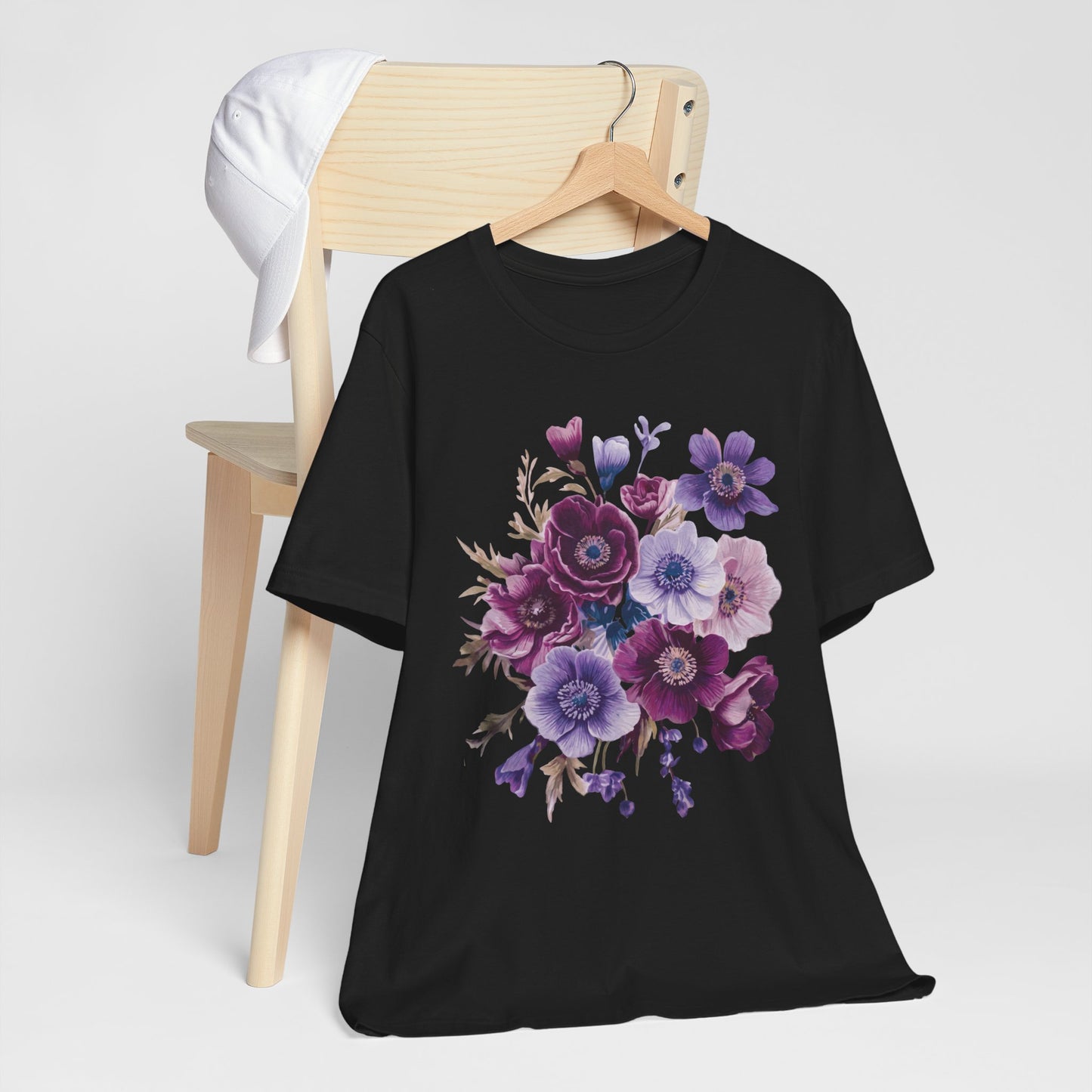Purple Anemone Bouquet T-Shirt, Watercolor Floral Flower Tee - 14947
