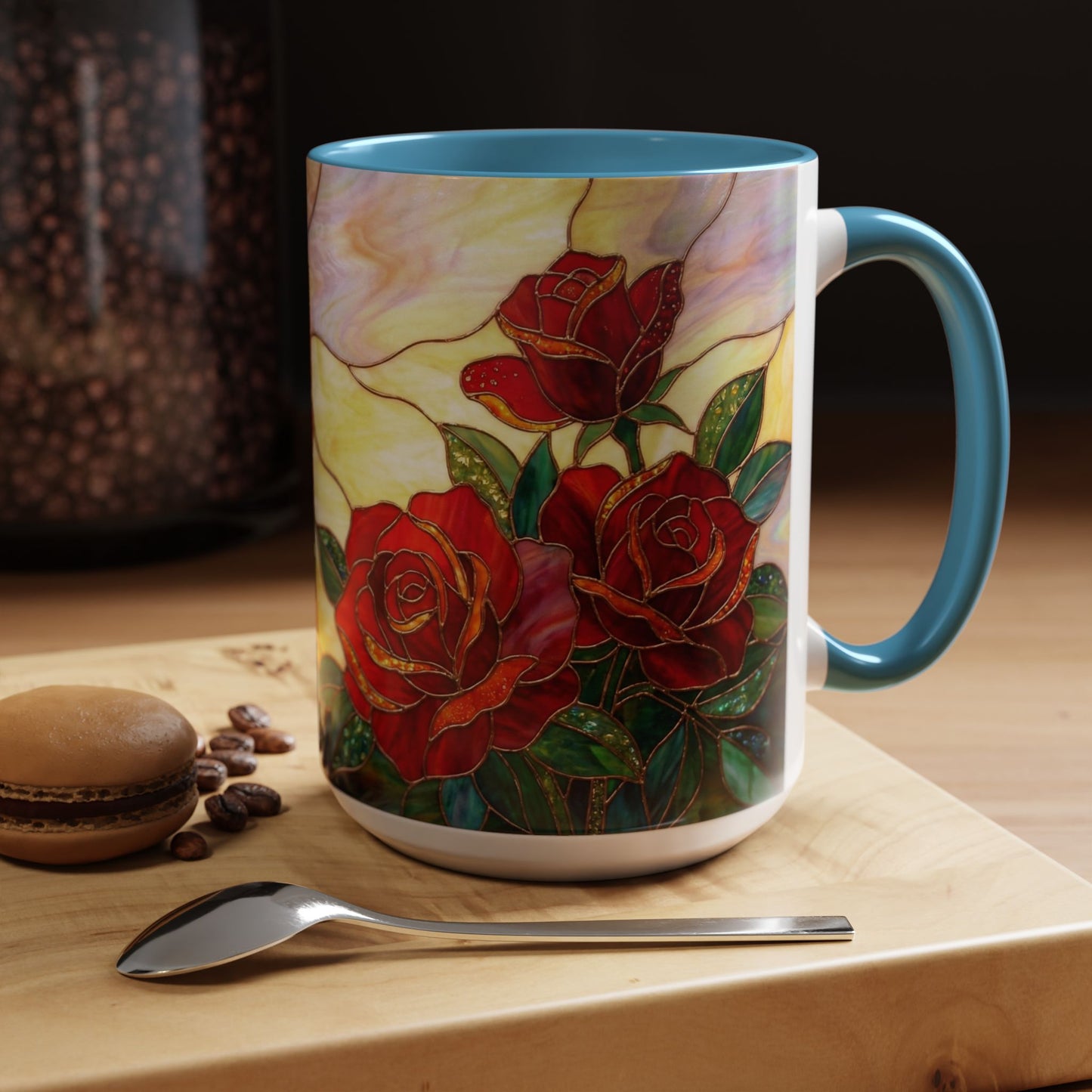 Rose Stained Glass Accent Coffee Mug – Red Roses Floral 11/15oz - 14539