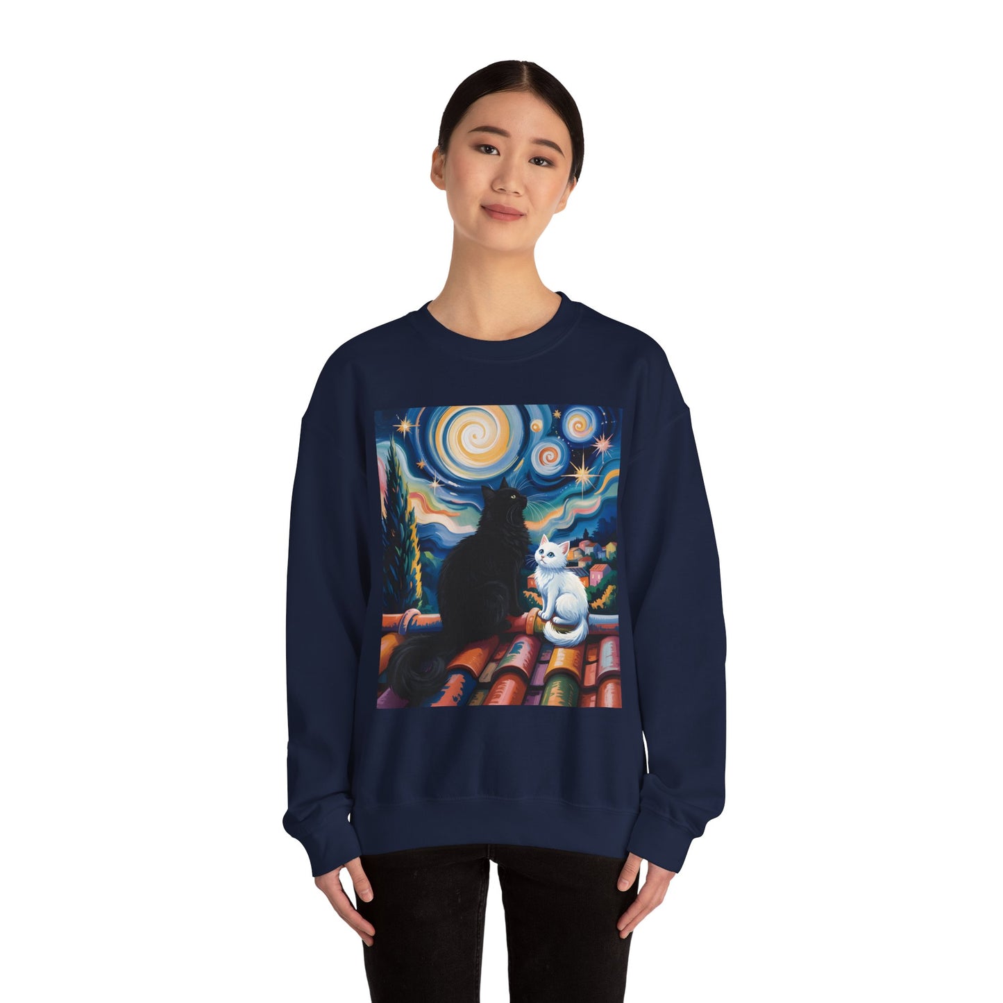Crewneck Sweatshirt – Starry Night Cats Art, Van Gogh Inspired | Cat Lovers Gift - 14757