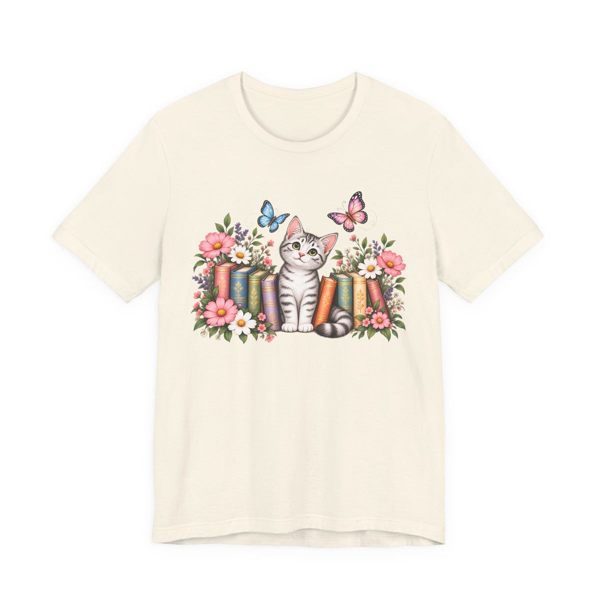 Cat & Books T-Shirt, Cute Floral Kitten & Butterfly Tee - 14526