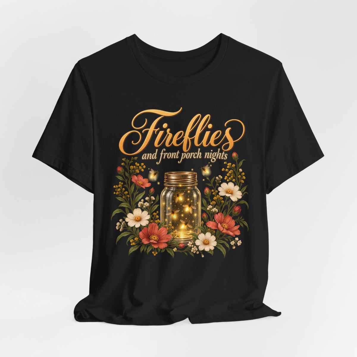 Fireflies and Front Porch Nights T-Shirt, Vintage Floral Mason Jar Tee - 14567