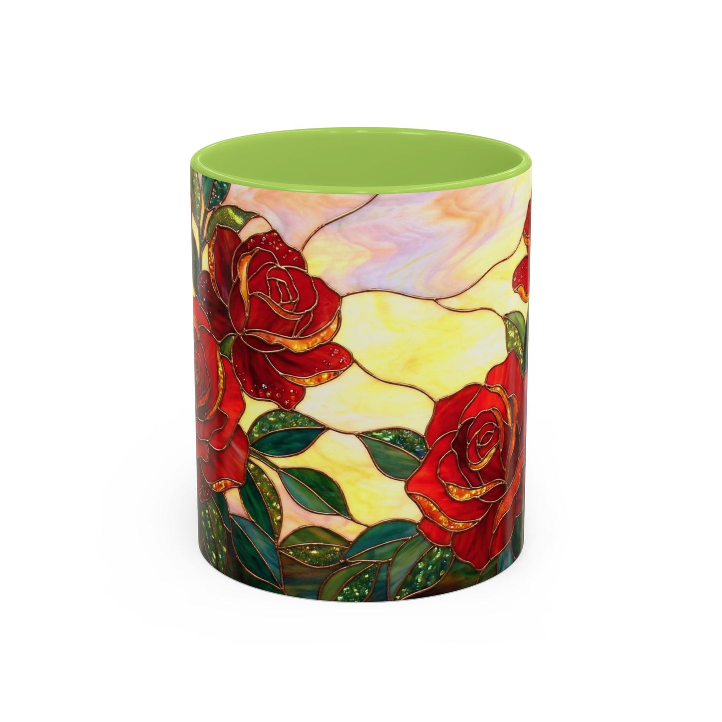 Rose Stained Glass Accent Coffee Mug – Red Roses Floral 11/15oz - 14539