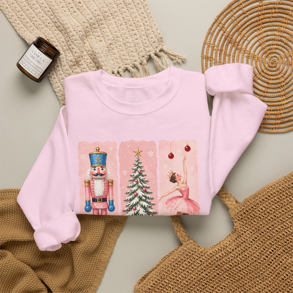 Christmas Nutcracker & Ballerina Sweatshirt, Vintage Pink Holiday Crewneck - 14568