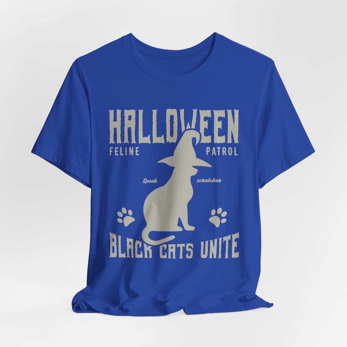 Halloween Feline Patrol, Spook Scratcher, Black Cats Unite  - Unisex Jersey Short Sleeve Tee - 12928