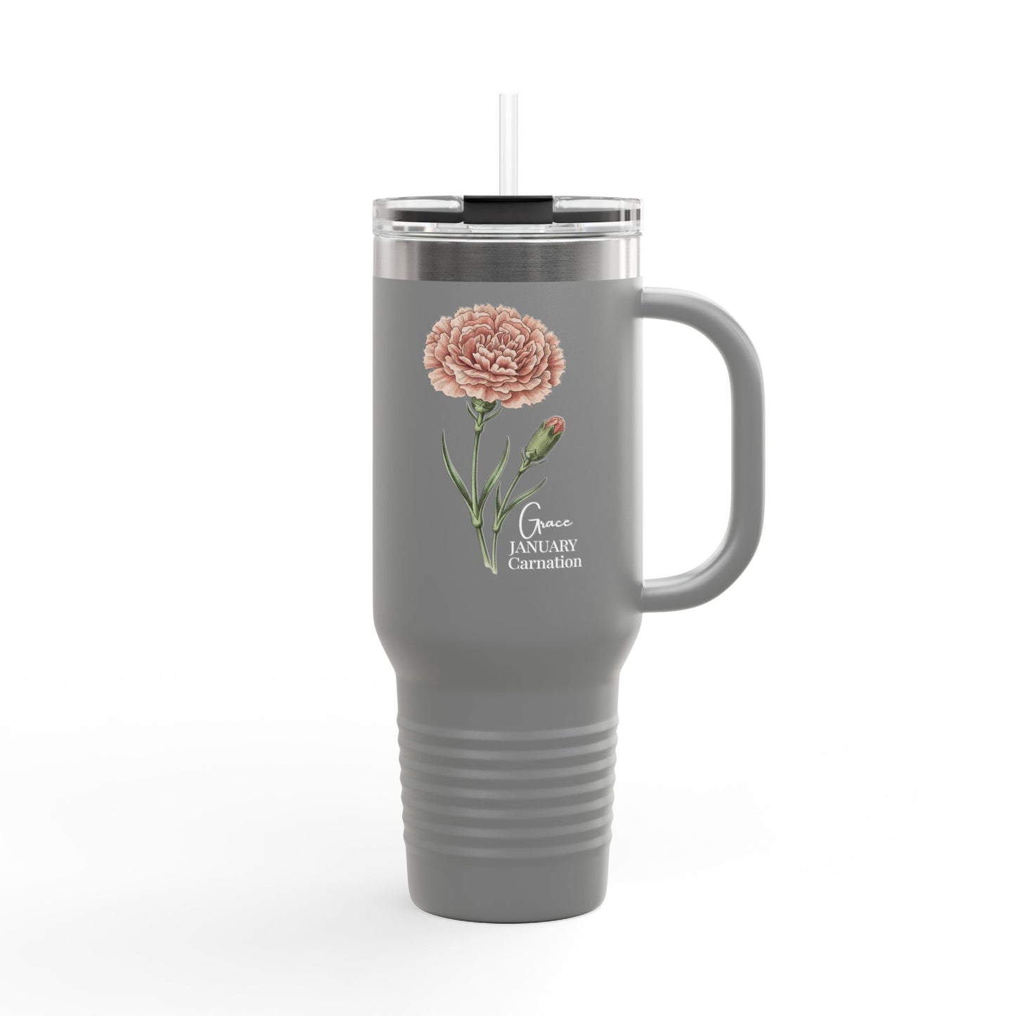 Carnation Floral Tumbler (Expressive) – January Birth Flower Gift | 40oz Insulated Travel Mug, Customizable — 14691