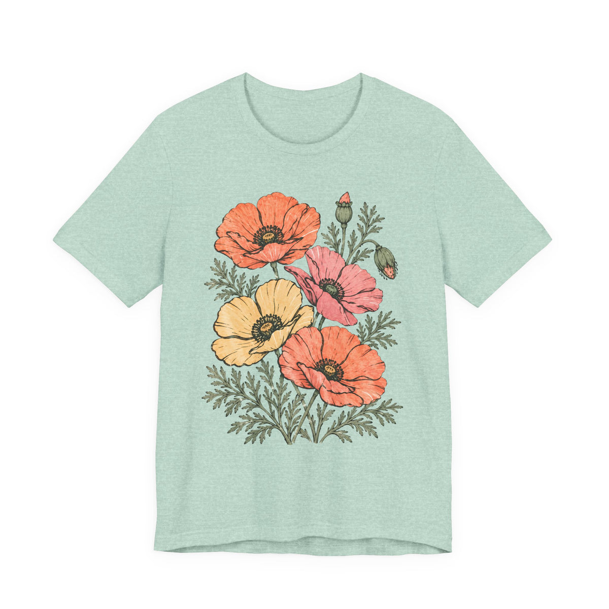 Floral Poppies T-Shirt, Vintage Wildflower Graphic Tee - 14988
