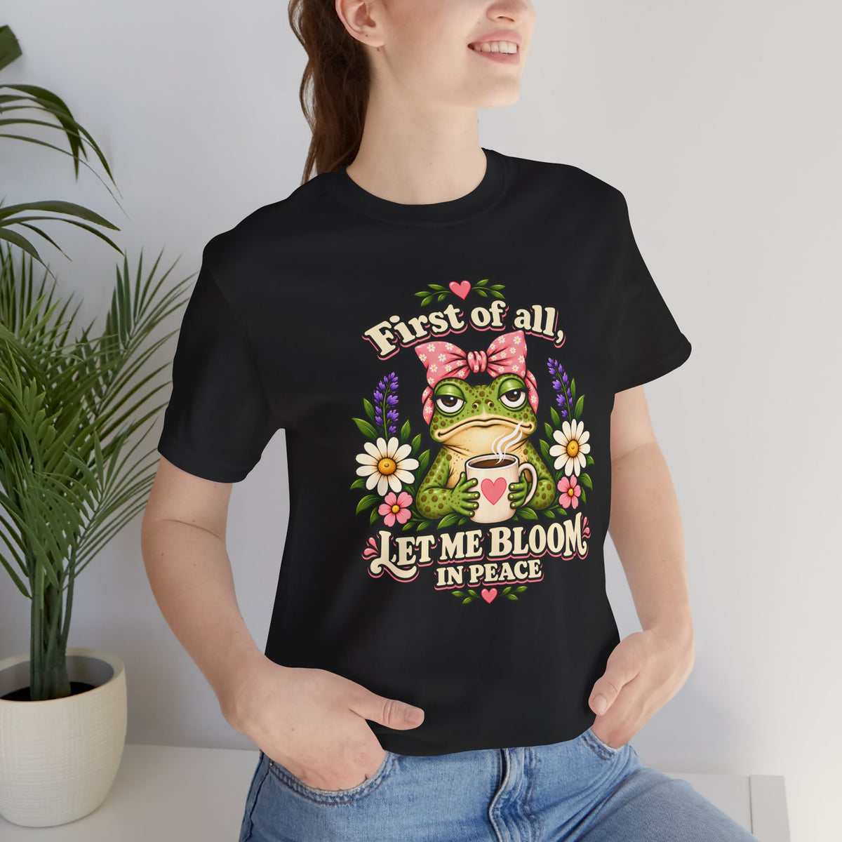 Let Me Bloom in Peace Frog T-Shirt, Cute Floral Coffee Tee - 14500
