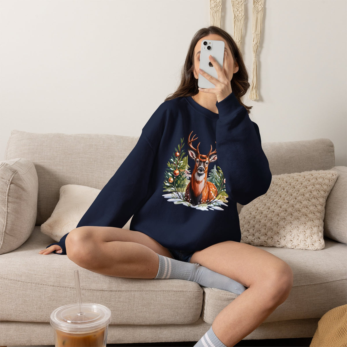 Christmas Deer Sweatshirt, Vintage Woodland Holiday Crewneck - 14562