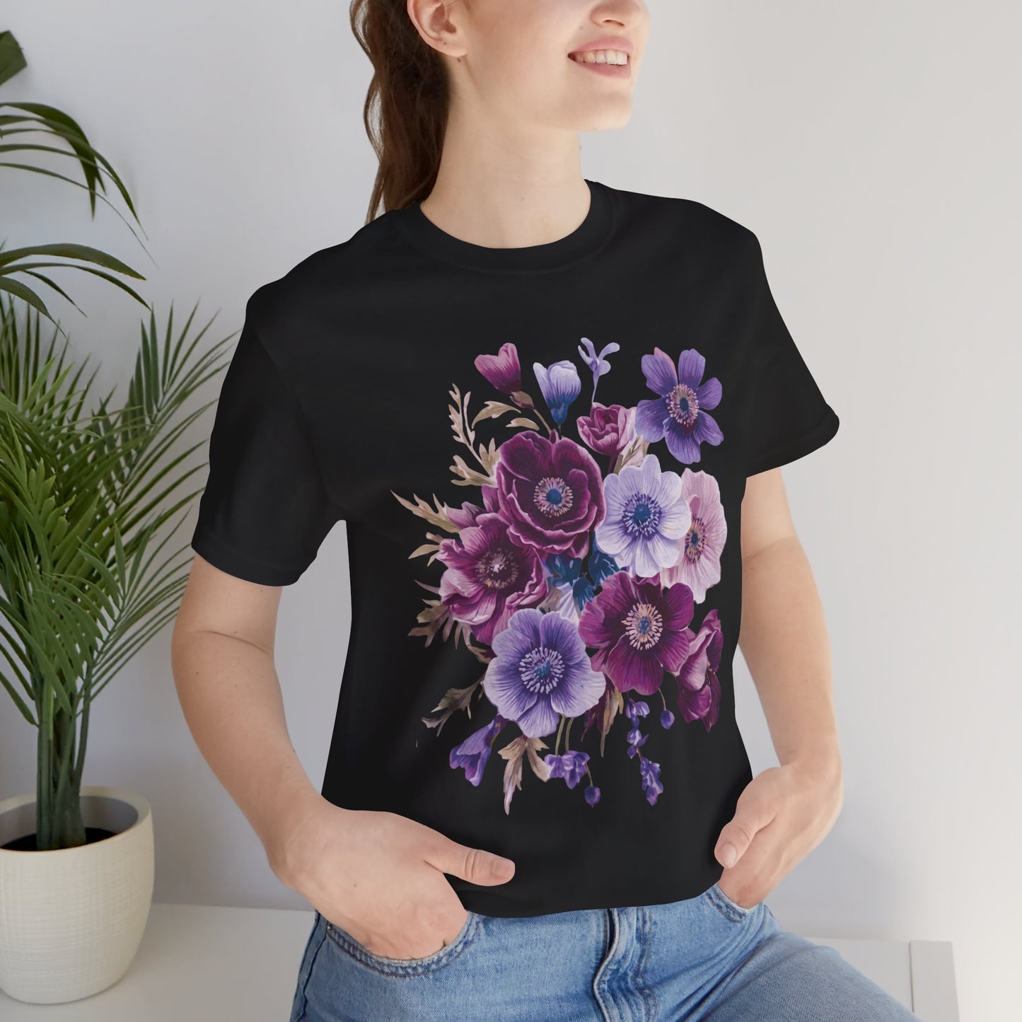 Purple Anemone Bouquet T-Shirt, Watercolor Floral Flower Tee - 14947