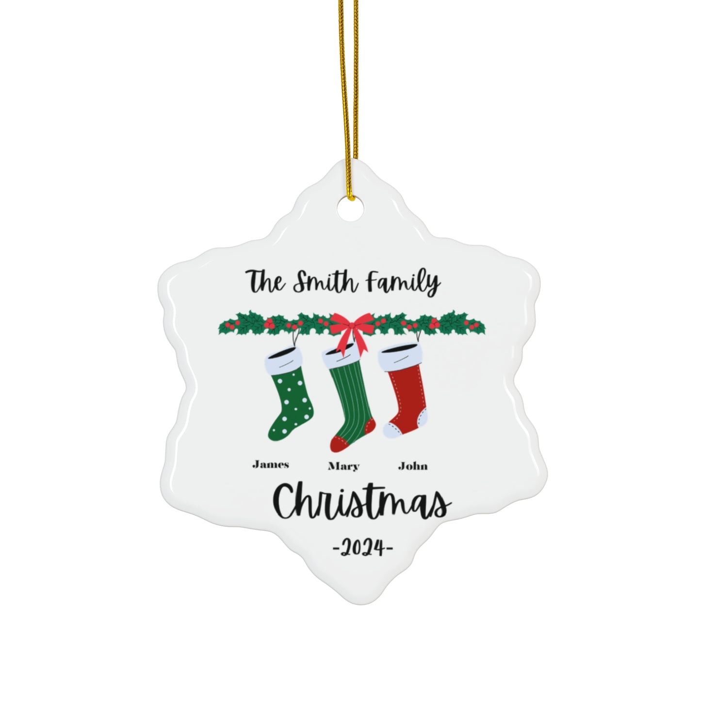 Stockings, Family of 3, Customizable - Ceramic Ornament, 2 Shapes, Circle & Snowflake - 10091