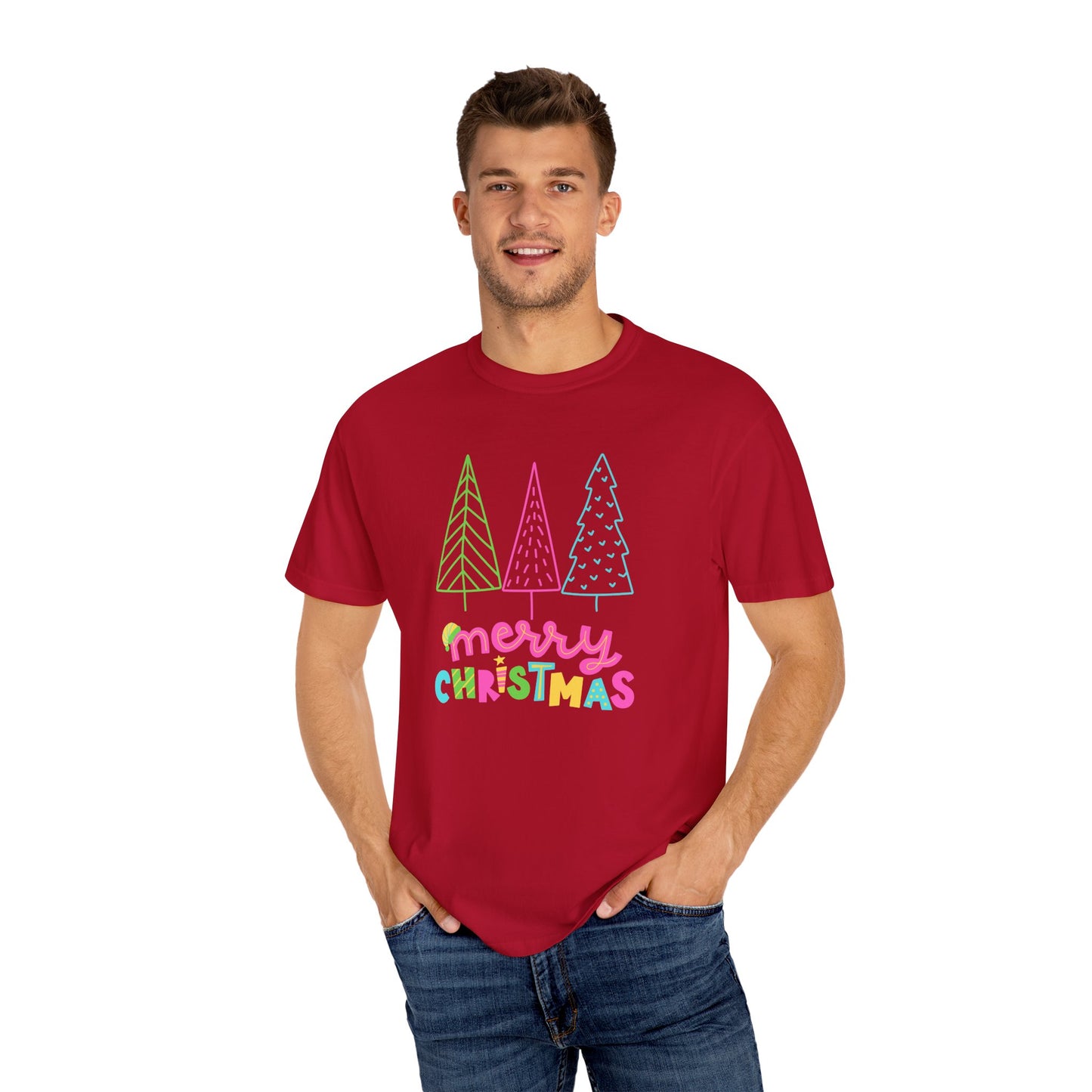 Trees, Merry Christmas - Unisex Garment-Dyed T-shirt - 10535