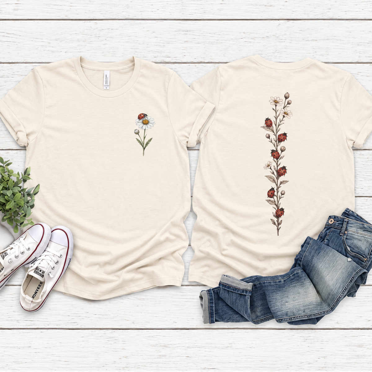 Daisy & Ladybug Floral T-Shirt, Minimal Wildflower Pocket Graphic Tee - 14963
