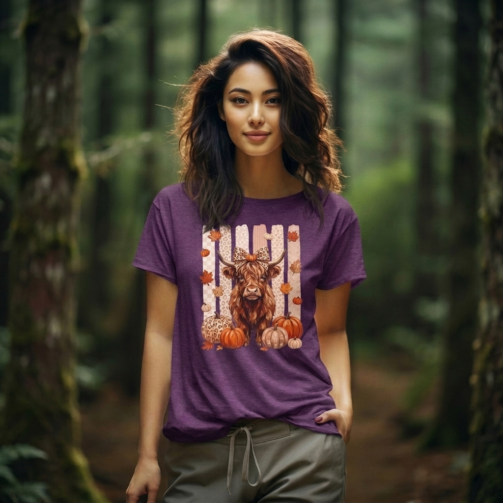 Highland Cow Autumn T-Shirt — Pumpkin & Leaves Fall Graphic Tee - 14942