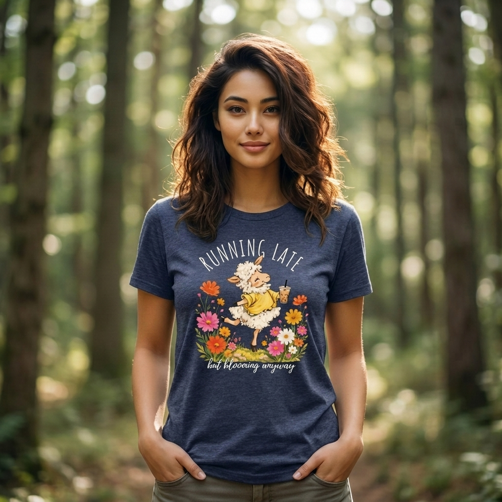 Running Late But Blooming Anyway T-Shirt, Cute Floral Lamb Graphic Tee - 14941