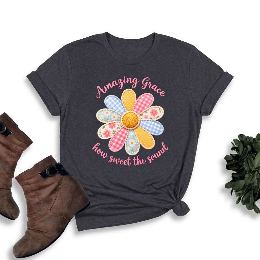 Amazing Grace Daisy T-Shirt, “How Sweet the Sound” Floral Christian Tee - 14992