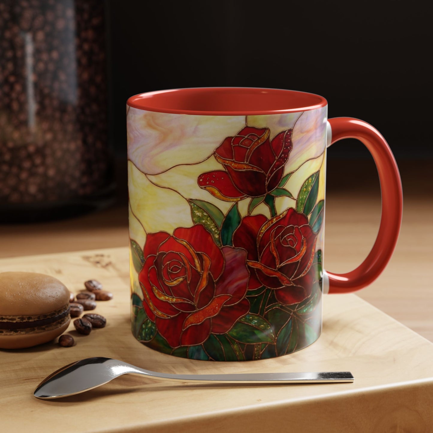 Rose Stained Glass Accent Coffee Mug – Red Roses Floral 11/15oz - 14539