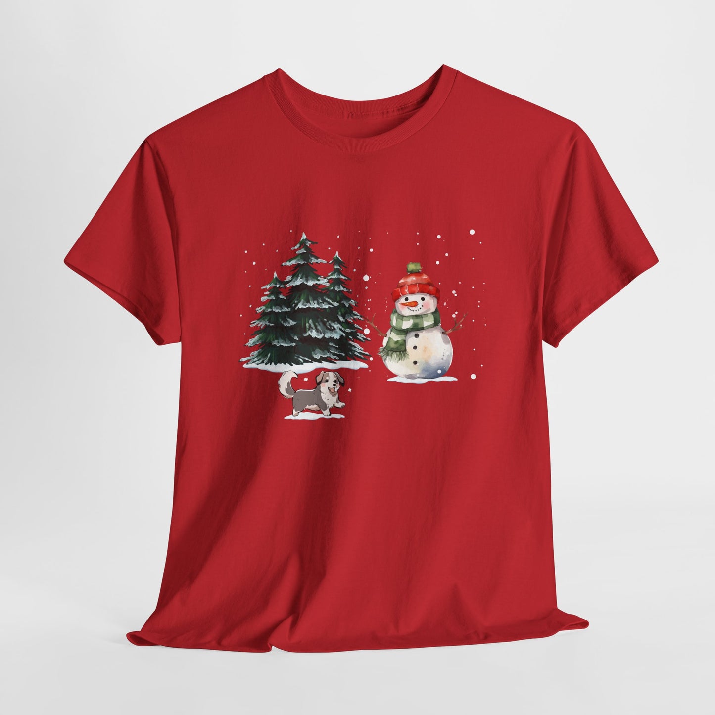 Winter Trees, Snowman & Puppy - Unisex Heavy Cotton Tee - 10278