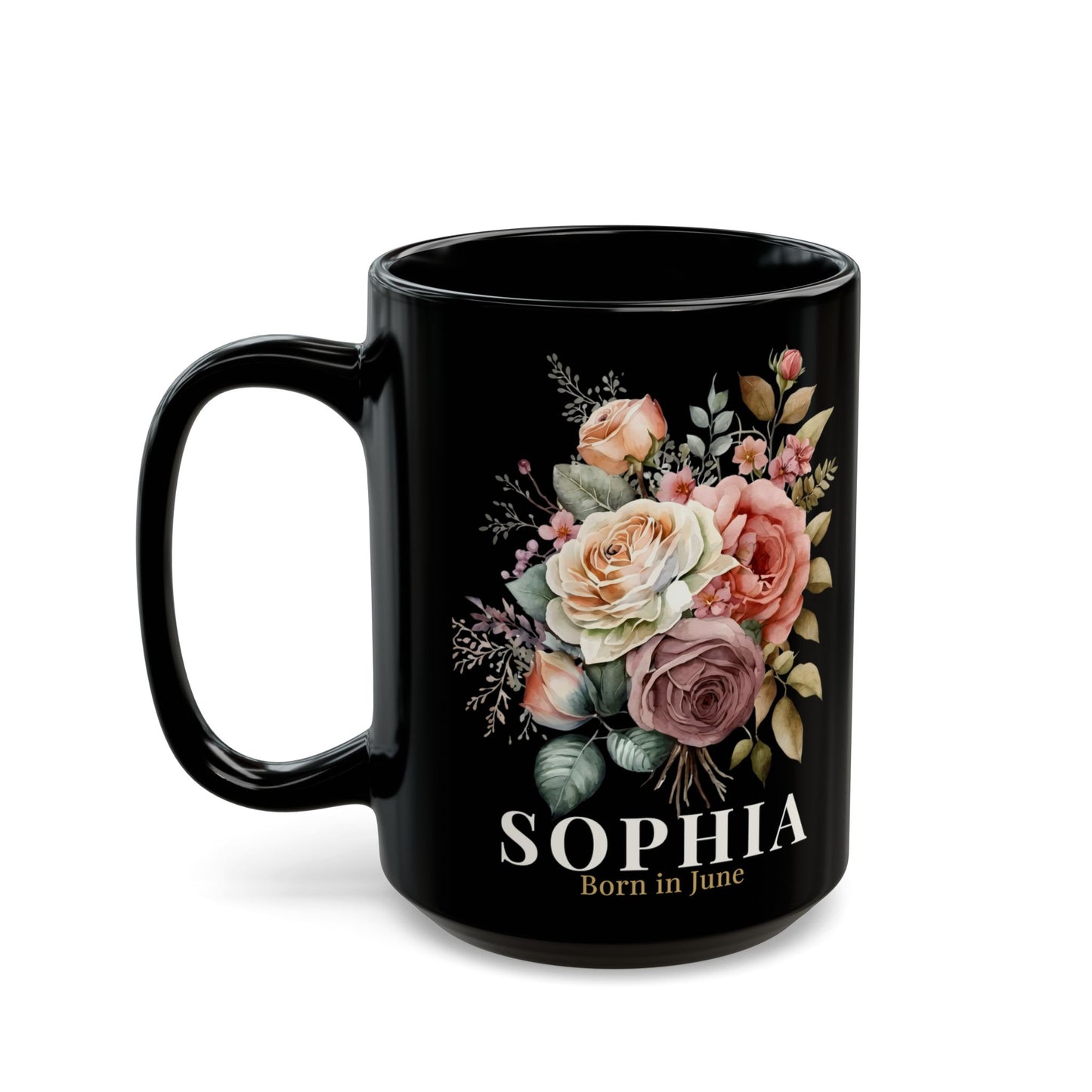 Custom Born in June Mug – Personalized June Birthday Floral Rose Coffee Cup, Black Ceramic Mug 11oz 15oz - 14894