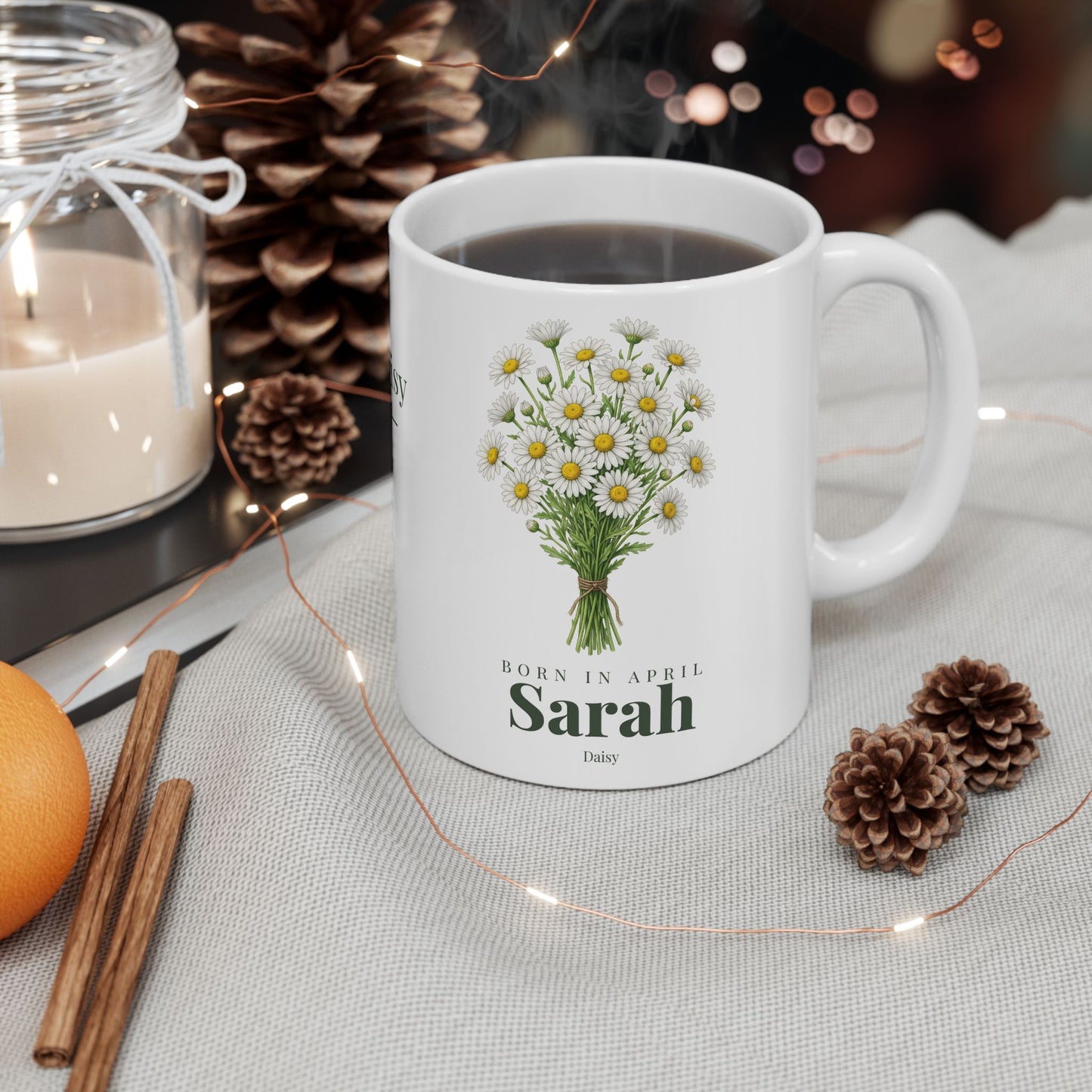 Personalized April Daisy Birth Flower Mug – Custom Name Floral Coffee Cup, "Pure Bright Loyal" Birthday Gift (11oz, 15oz)  - 14832