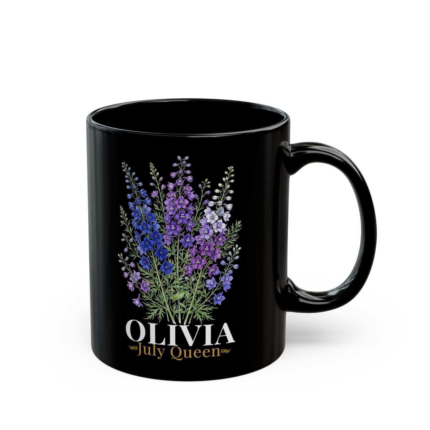 Personalized July Birth Flower Mug – Custom Name Larkspur Floral Coffee Cup, July Queen Gift for Her, Black Mug 11oz 15oz - 14905