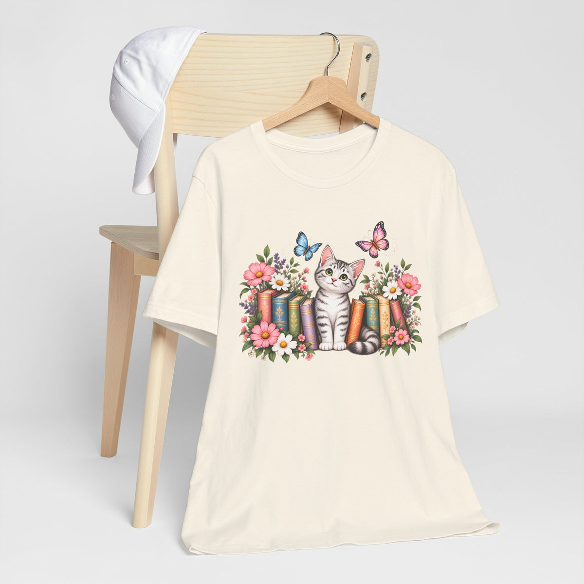 Cat & Books T-Shirt, Cute Floral Kitten & Butterfly Tee - 14526