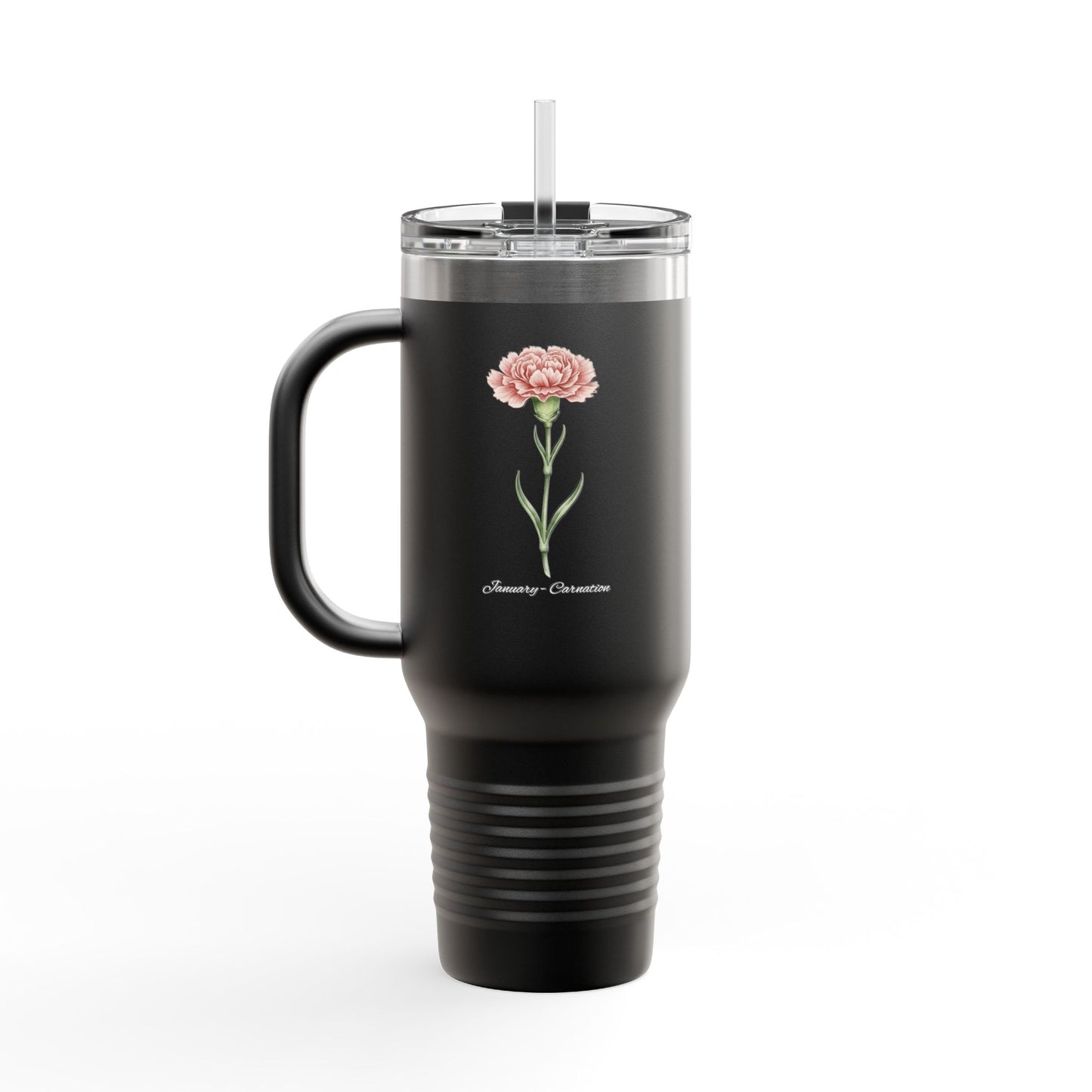 Carnation Floral Tumbler – January Birth Flower Gift | 40oz Insulated Travel Mug, Customizable — 14667
