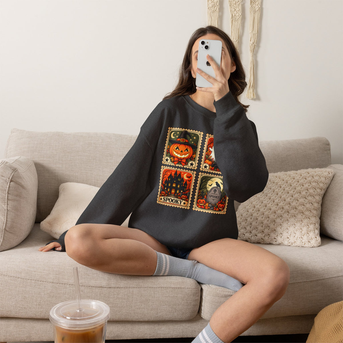 Vintage Halloween Stamp Sweatshirt, Spooky Pumpkin & Ghost Crewneck - 14510