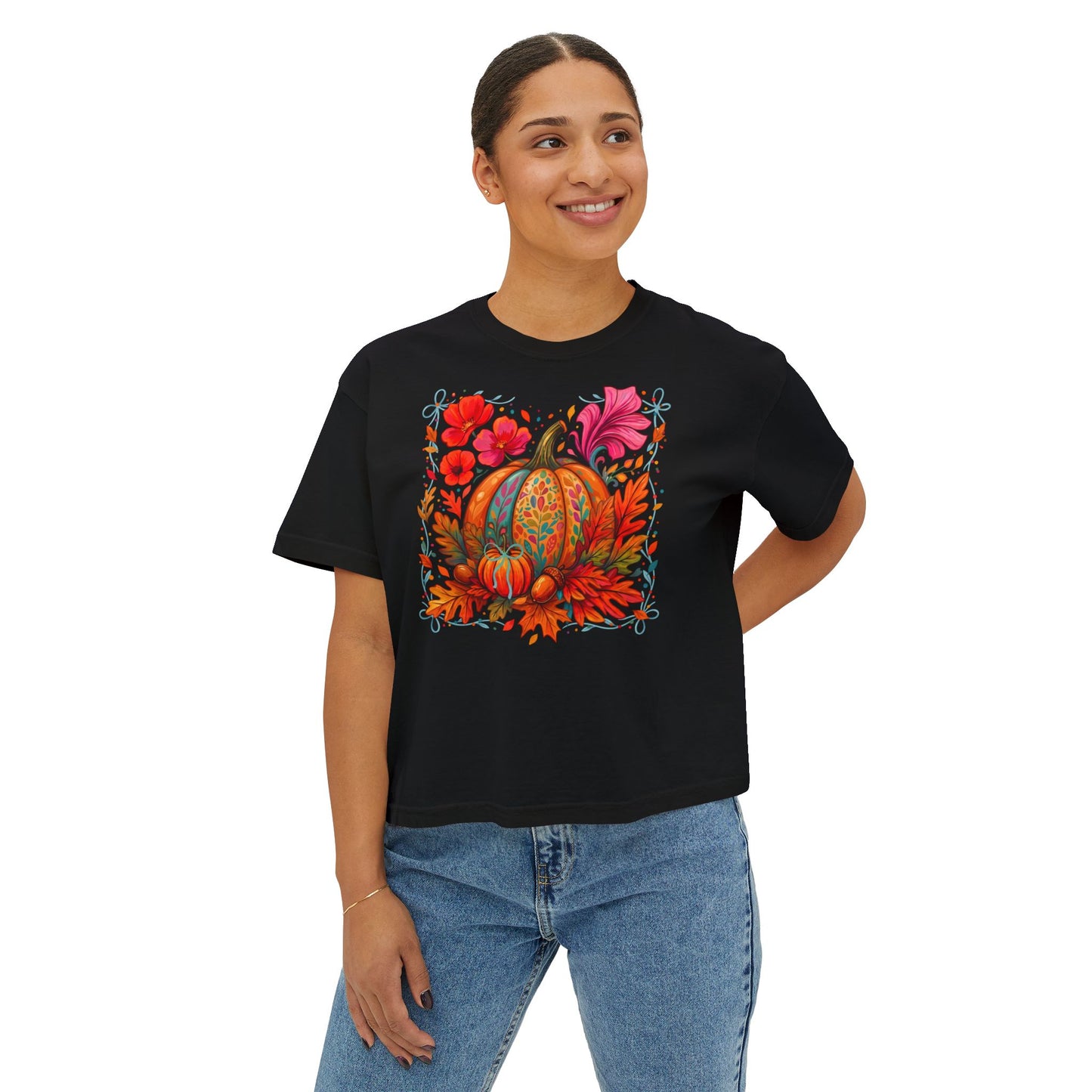 Autumn Pumpkin Floral Boxy T-Shirt,  Women’s Fall Harvest Graphic Tee - 14929