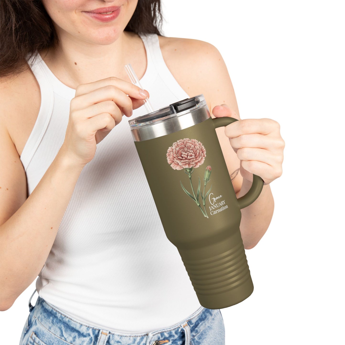 Carnation Floral Tumbler (Expressive) – January Birth Flower Gift | 40oz Insulated Travel Mug, Customizable — 14691
