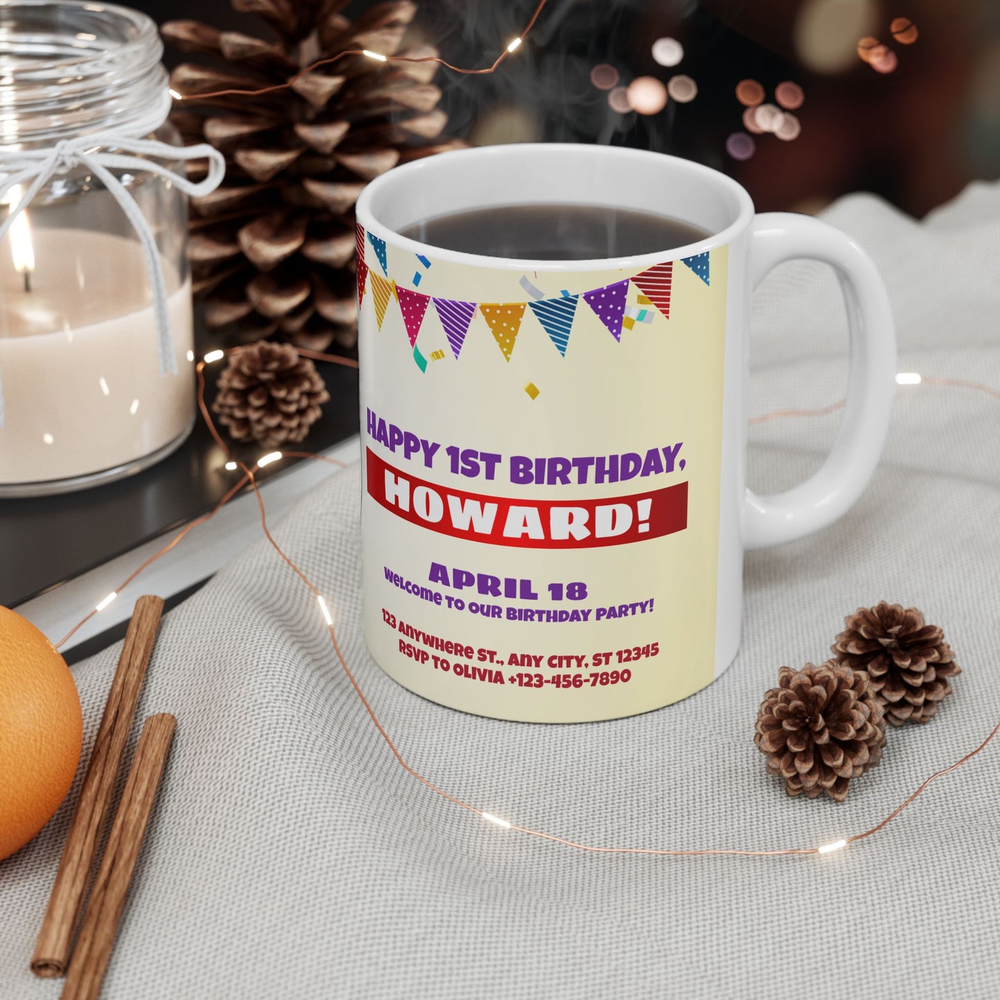 Personalized Birthday Ceramic Mug - Custom 1st Birthday Celebration Cup, Party Favor, Kid's Birthday Gift, Colorful Balloons, Fun Memories - 13997