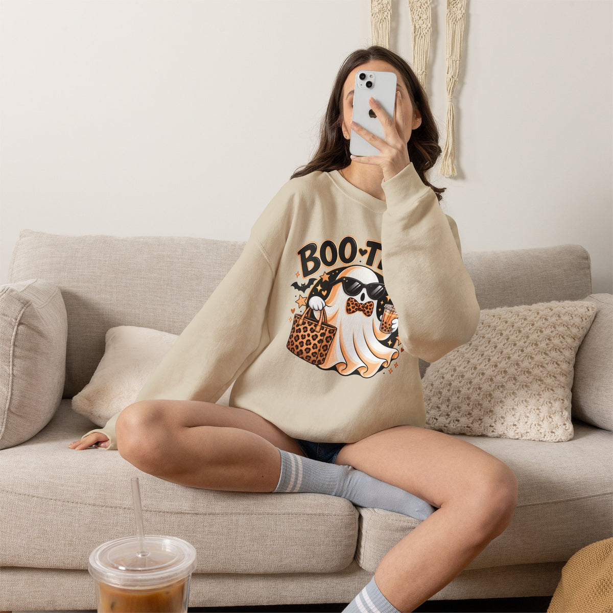 Boo-tiful Halloween Ghost Sweatshirt,  Leopard Print Crewneck - 14523
