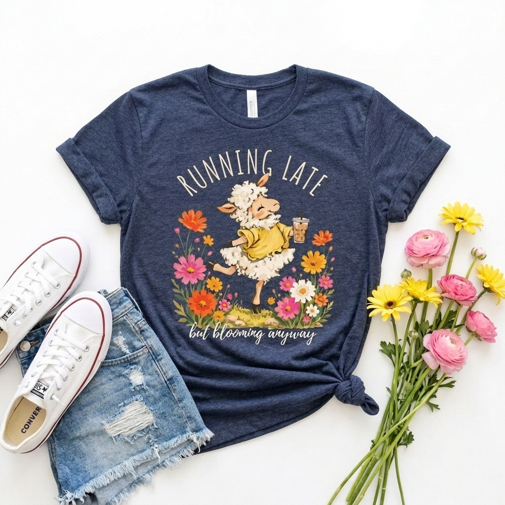 Running Late But Blooming Anyway T-Shirt, Cute Floral Lamb Graphic Tee - 14941