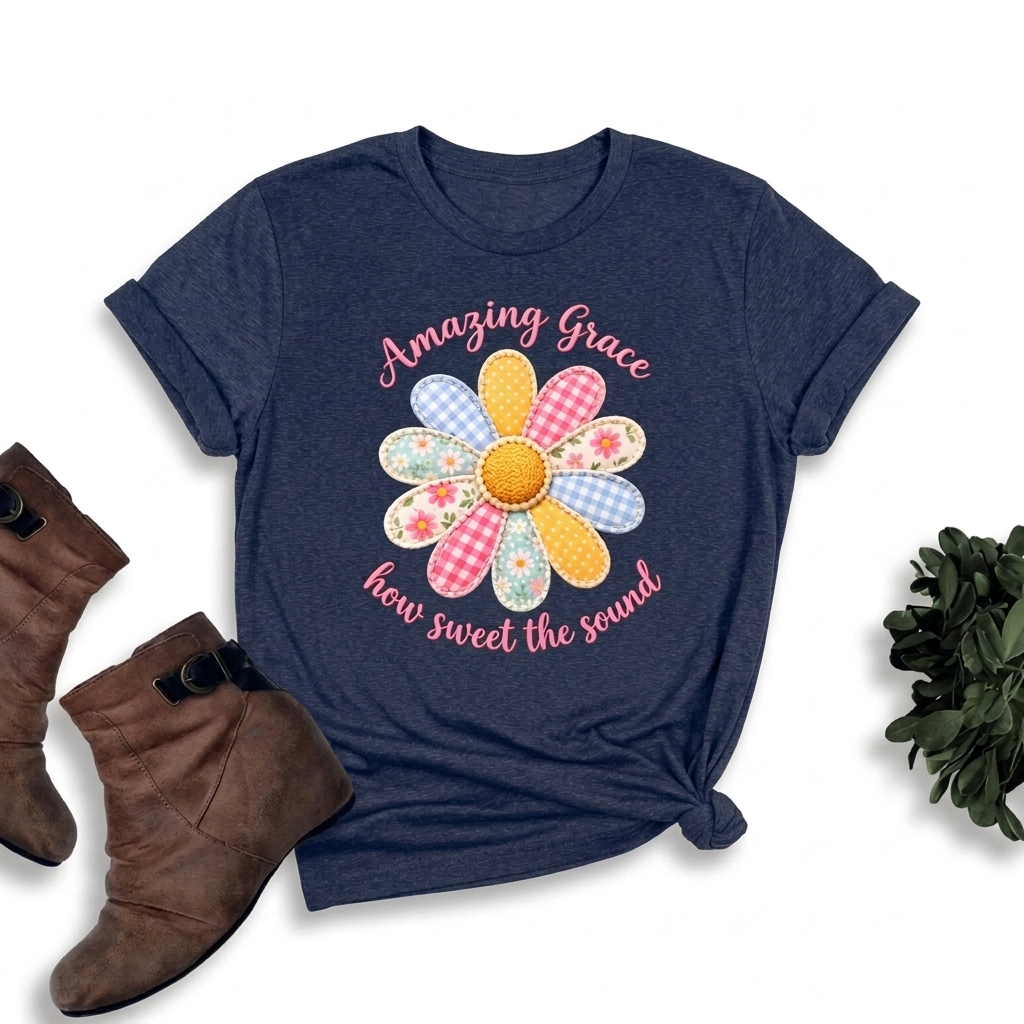 Amazing Grace Daisy T-Shirt, “How Sweet the Sound” Floral Christian Tee - 14992