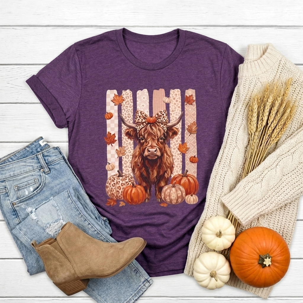 Highland Cow Autumn T-Shirt — Pumpkin & Leaves Fall Graphic Tee - 14942