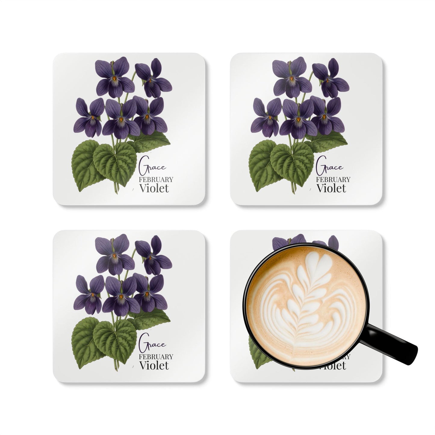 February Birth Flower Violet Cork Coaster Set – Personalized Name Gift - 14689