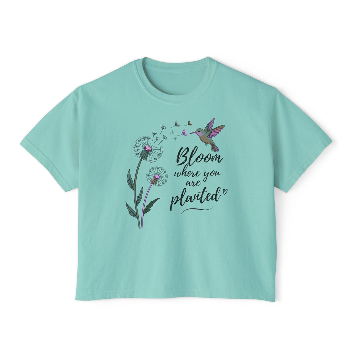 Bloom Where You’re Planted Boxy Tee, Women’s Hummingbird Floral Inspirational T-Shirt - 14926