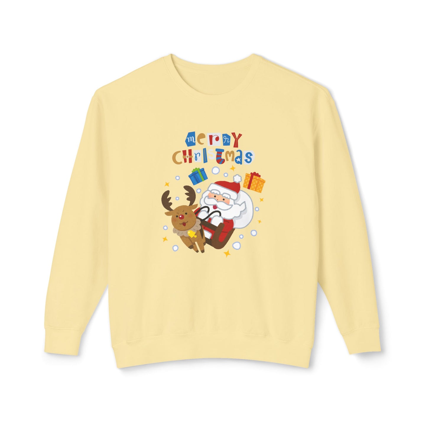 Merry Christmas, Santa & Reindeer - Unisex Lightweight Crewneck Sweatshirt - 10470