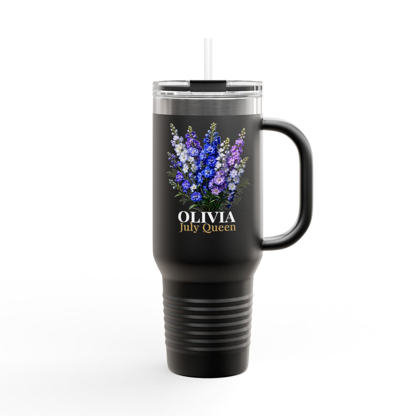 Personalized July Queen 40oz Travel Mug – Custom Name Larkspur Birth Flower Tumbler, Insulated July Birthday Gift for Her - 14908