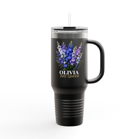 Personalized July Queen 40oz Travel Mug – Custom Name Larkspur Birth Flower Tumbler, Insulated July Birthday Gift for Her - 14908
