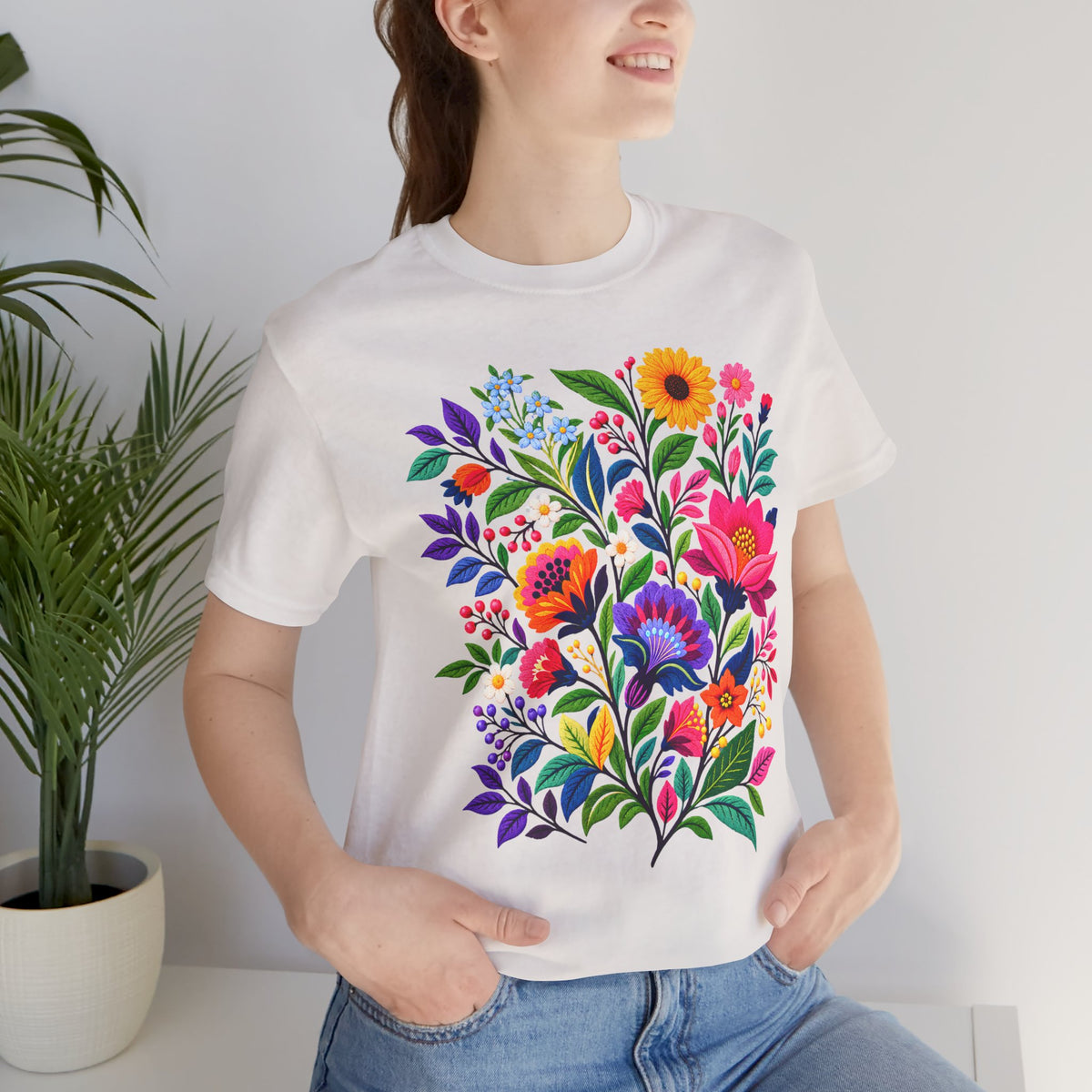 Bright Folk Art Floral T-Shirt, Colorful Flower Bouquet Tee - 14513