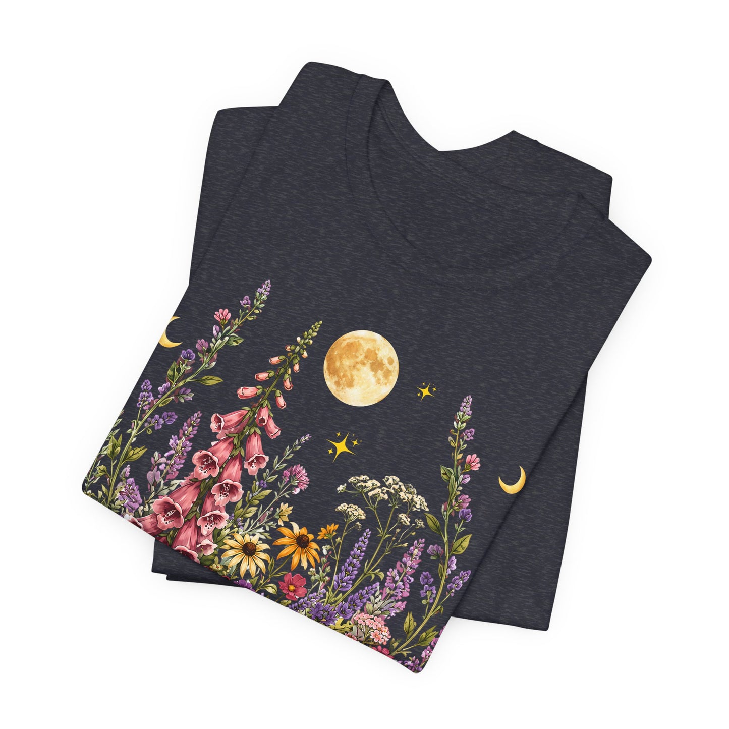 Floral Moon Garden T-Shirt, Vintage Wildflower & Celestial Graphic Tee - 14961