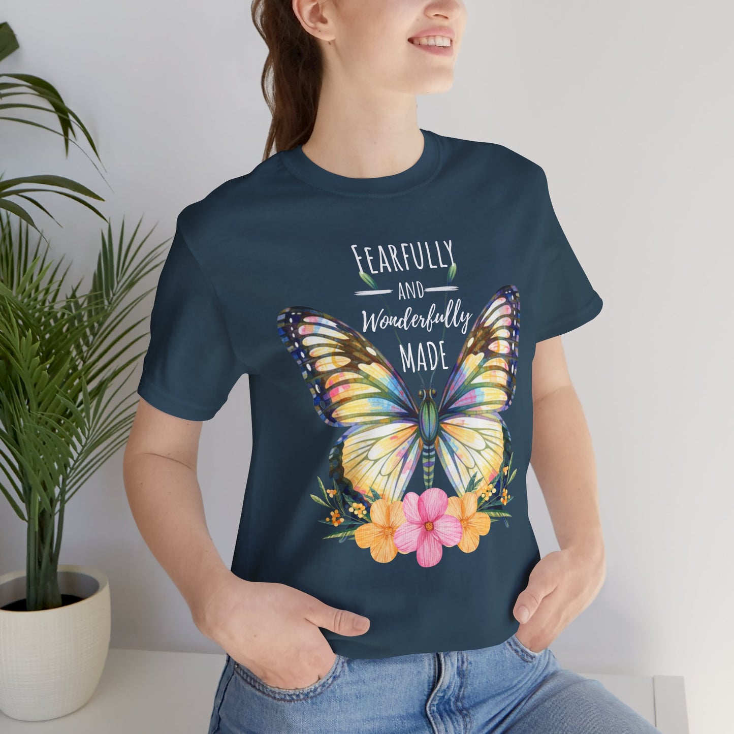 Fearfully and Wonderfully Made Butterfly T-Shirt, Inspirational Floral Faith Tee - 14955