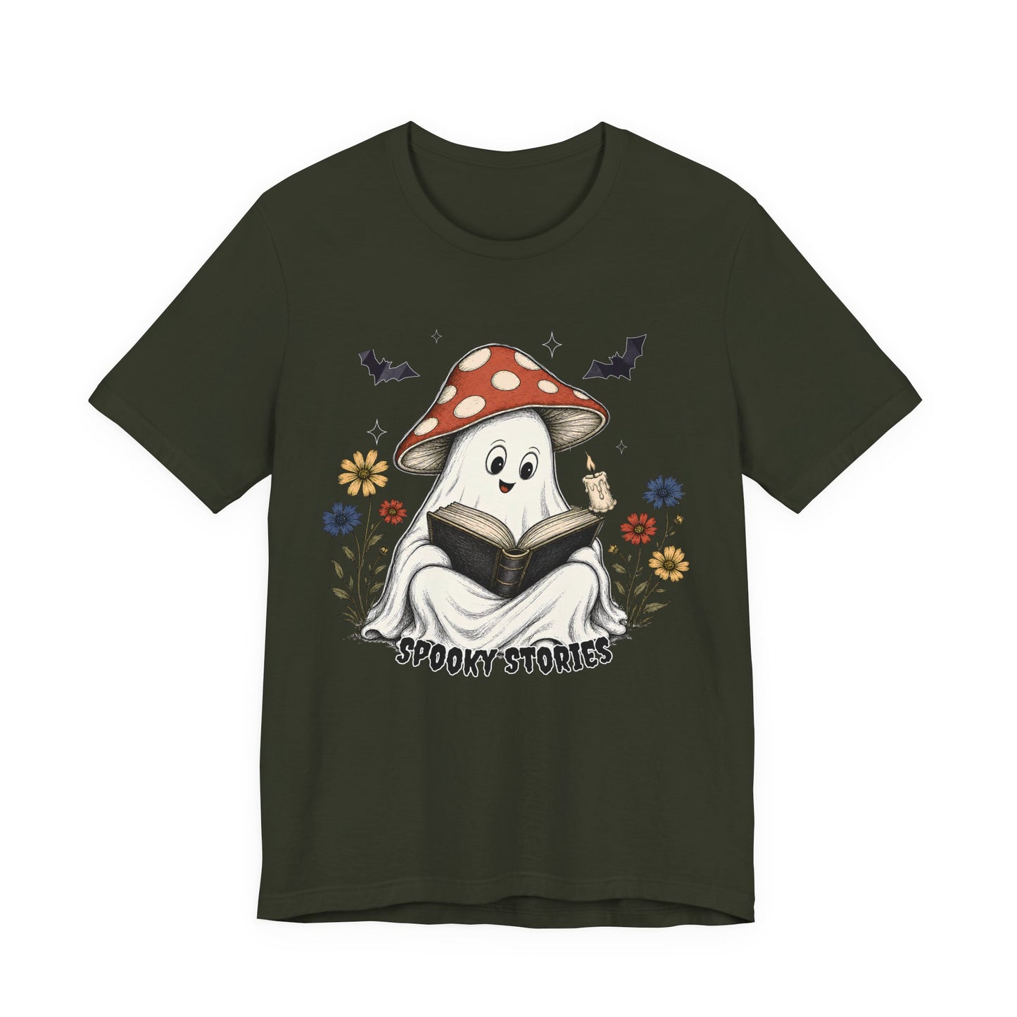 Spooky Stories Ghost T-Shirt, Cute Mushroom Ghost Reading Shirt for Halloween - 14970